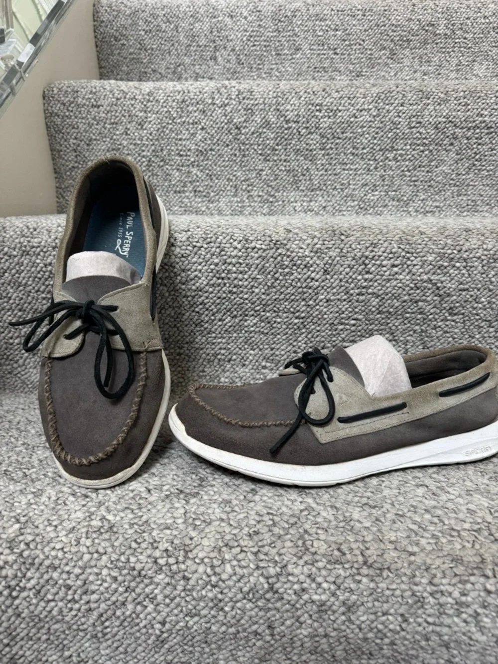 $140 Paul Sperry Men’s Suede Gray Boat Shoes Size 11.5 M Round toe, two-tone